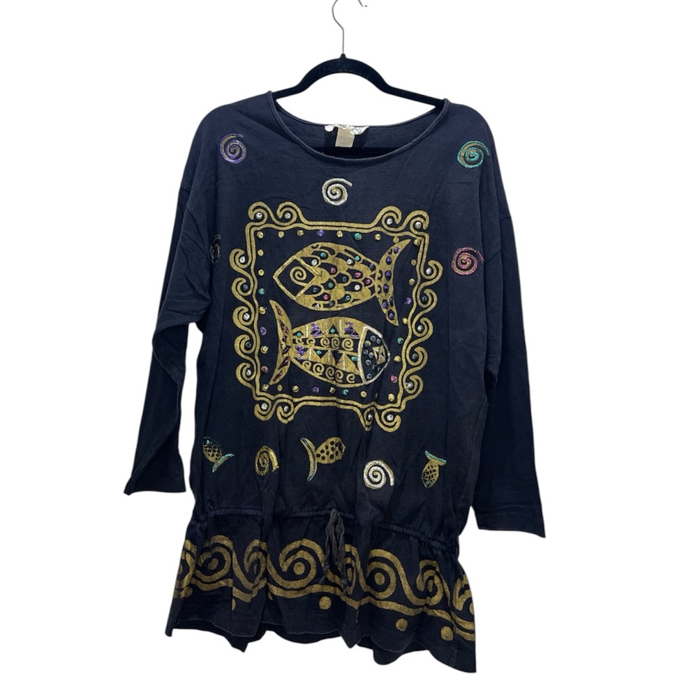 Inventions LA Express Vintage black & gold fish design tunic top 100% cotton